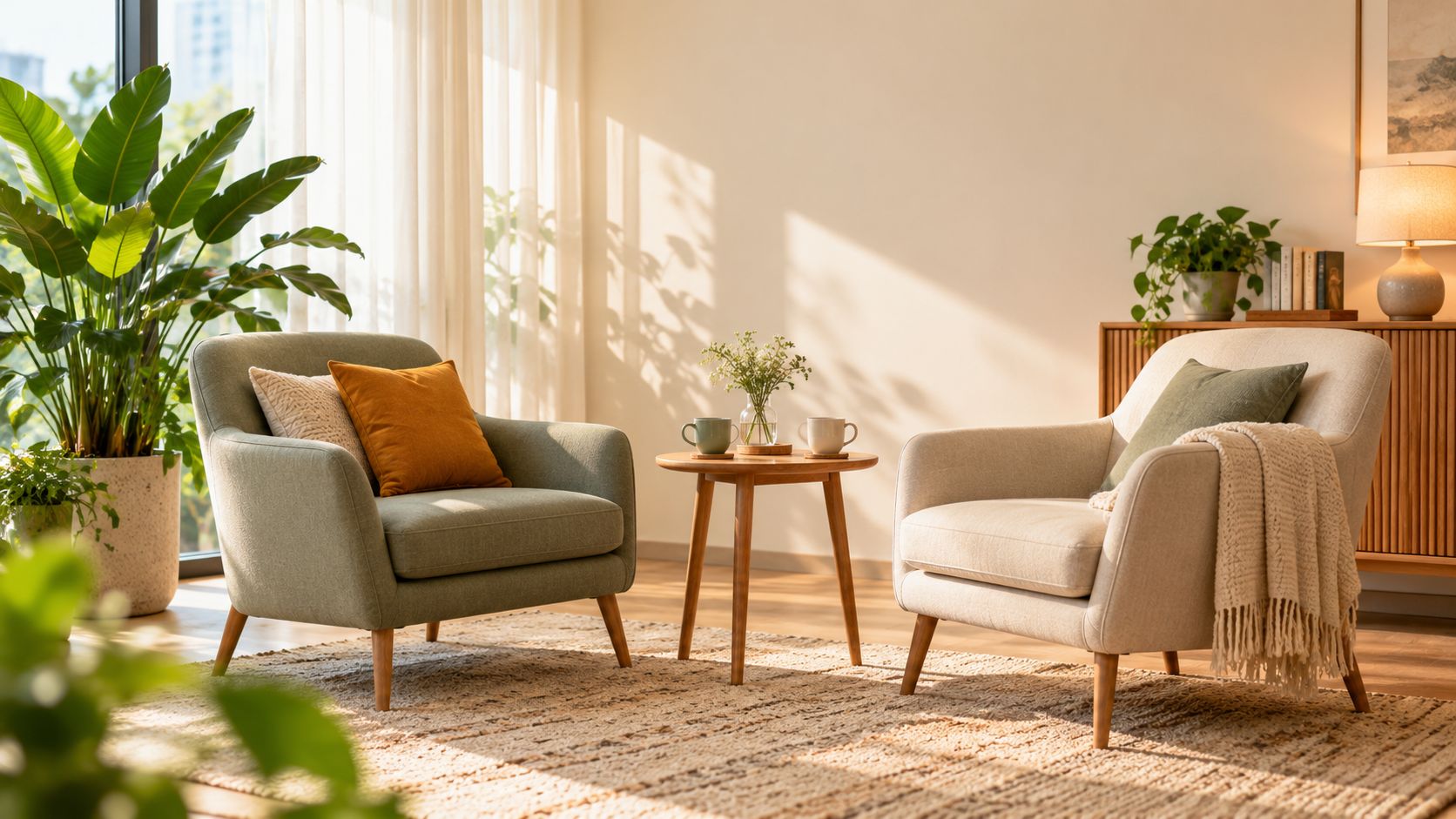 A quiet, sunlit room with two armchairs facing each other