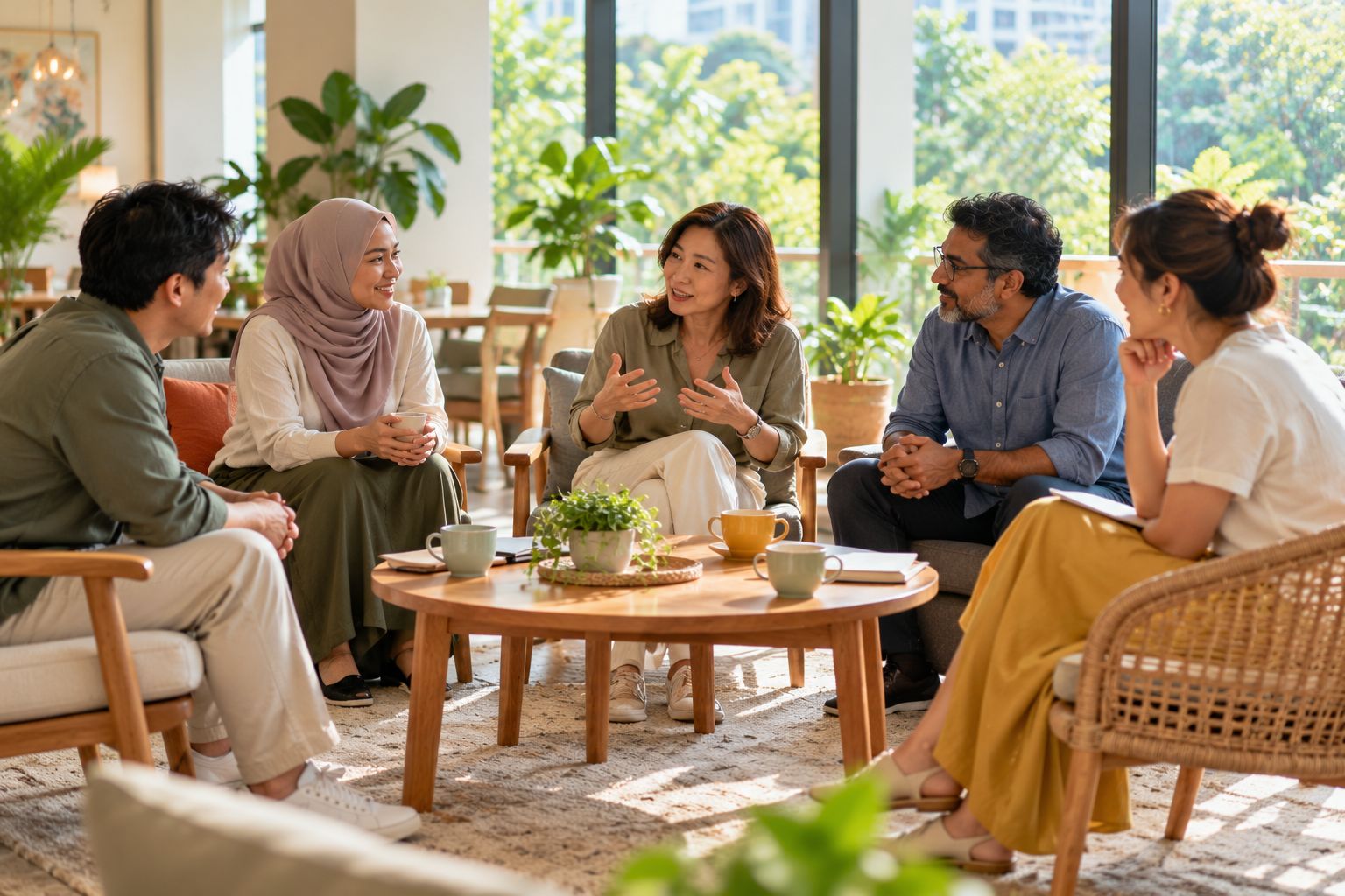 A small group talking together in a bright community space