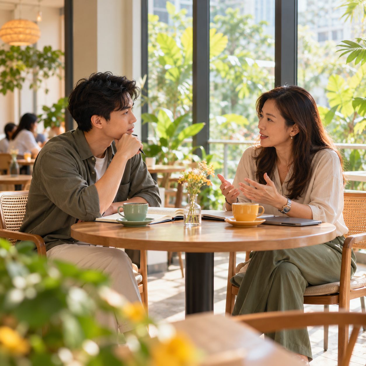 Two people in a relaxed conversation at a table in daylight